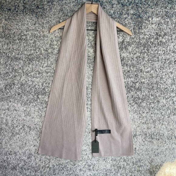 AllSaints Scarf Mens One Size Beige Rib Mix Wool Blend Ribbed Logo Patch - Picture 1 of 5